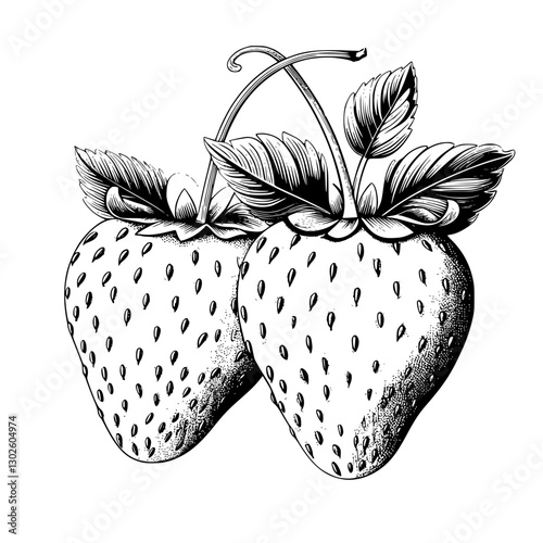 Engraved illustration of two strawberries with detailed leaves and texture