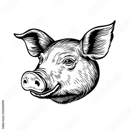 Engraved illustration of a pig head in detailed vector style showcasing animal characteristics and expression
