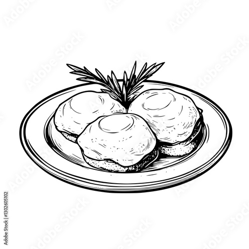 Deliciously engraved vector illustration of three freshly baked biscuits with creamy topping and a sprig of rosemary