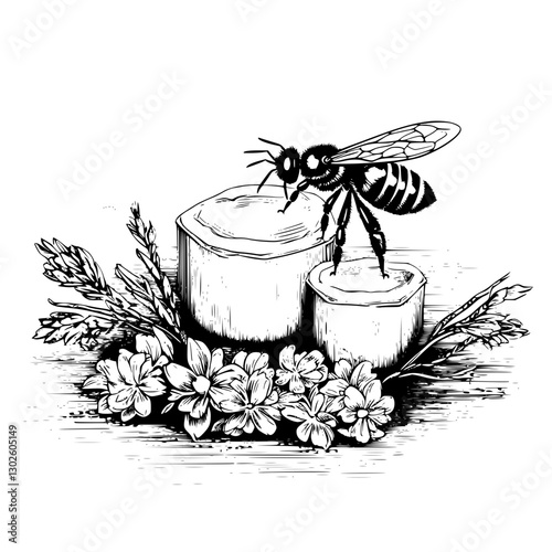 Engraved vector illustration of a bee on candles with flowers and foliage in a detailed natural composition