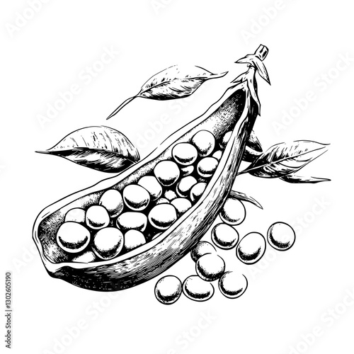 Engraved illustration of a split pod with green peas and leaves in vector style