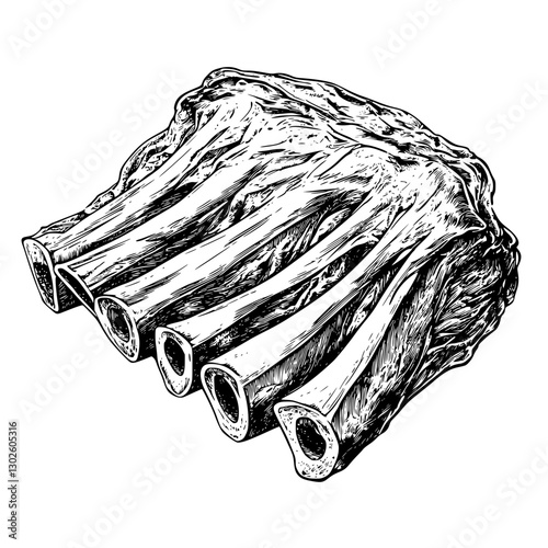 Detailed vector engraving of a meat rack highlighting culinary textures and features for food illustration purposes