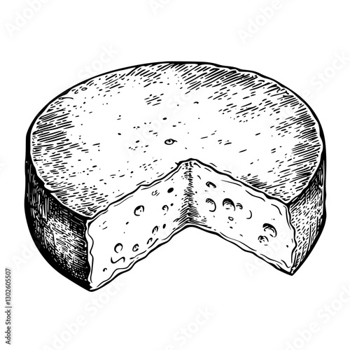 Drawing of a round cheese wheel with a slice removed showcasing its texture and detail, perfect for culinary illustrations and designs