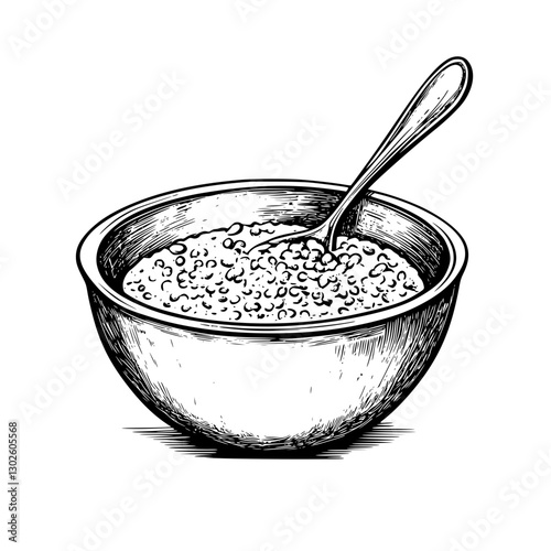 Traditional bowl of porridge with a spoon illustrating a timeless breakfast favorite crafted in detailed engraving