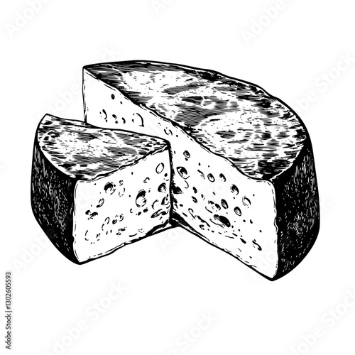 Engraved vector illustration of cheese with a wedge cut out, showcasing texture and detail in a rustic style