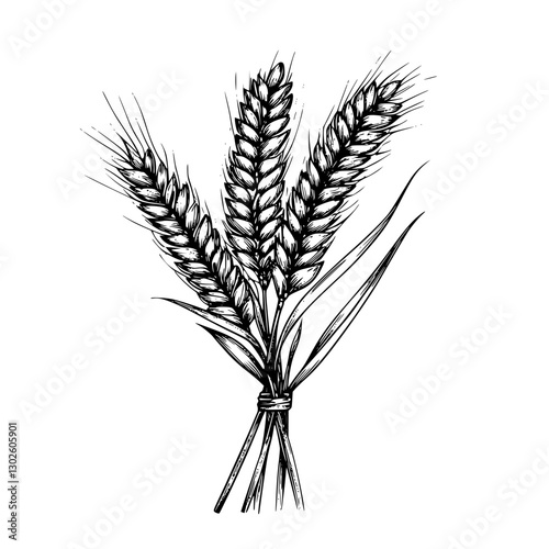 Engraved illustration of a bundle of wheat showcasing agricultural beauty and simplicity