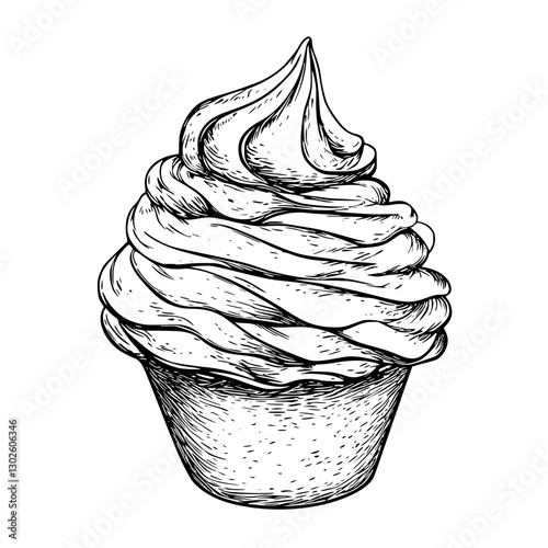 Engraved illustration of a classic soft serve ice cream cone with detailed swirls and texture