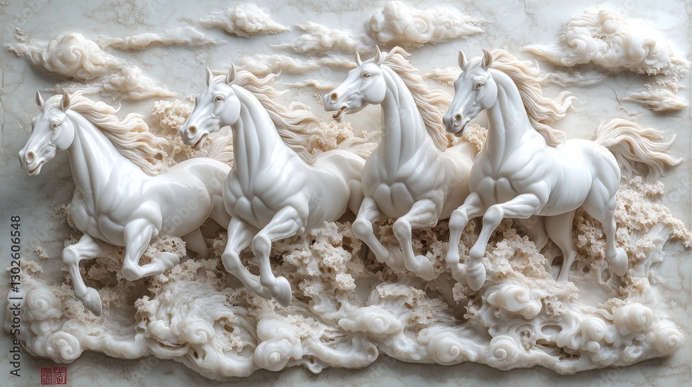 Obraz premium A serene relief sculpture depicting four galloping white horses amidst soft clouds, capturing elegance and motion.
