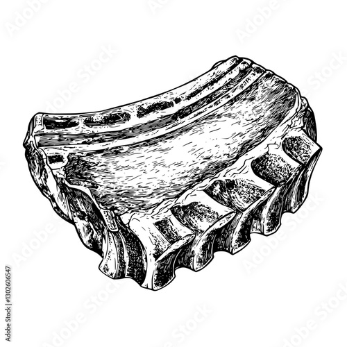 Engraved illustration of a fossilized bone from a prehistoric creature showcasing intricate details and textures
