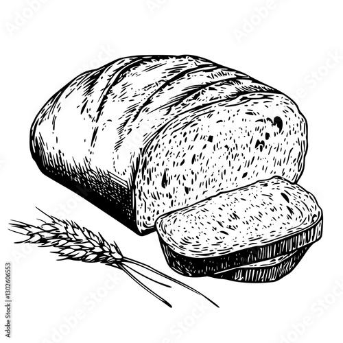 Engraved illustration of freshly baked bread with sliced loaf and wheat ears captured in a detailed vector design