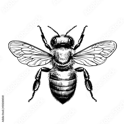 Engraved illustration of a bee showcasing intricate details in its wings and body anatomy