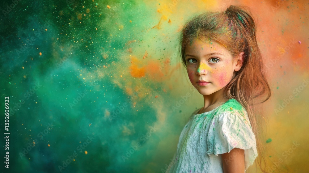 Fototapeta premium Holi Rangpanchmi Portrait of a young girl in a white frock, looking curiously at the colorful powders splashing around her, with a vibrant green-to-orange background of powder bursts