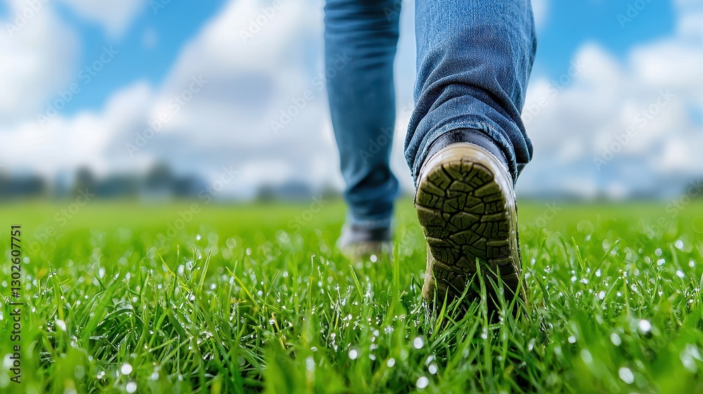 Early spring concept. Walking on lush green grass with a clear blue sky in the background. Early spring concept. Walking on lush green grass with a clear blue sky in the background.