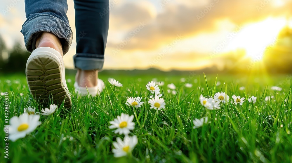 Early spring concept. A person walks through a field of flowers under a sunset sky. Early spring concept. A person walks through a field of flowers under a sunset sky.