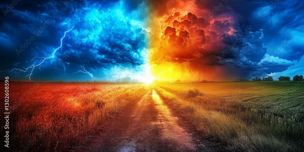 Obraz premium Storm and sunset reveal duality in vibrant landscape. Dramatic clouds contrast vivid weather at the horizon. Dynamic scenery with natures power at play. The vibrant nature highlights intense