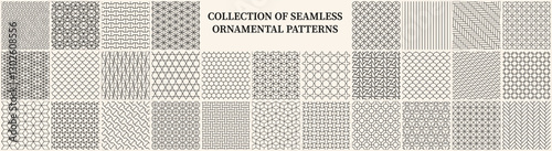 Collection of seamless ornamental vector patterns. Beige elegant oriental vintage backgrounds. Geometric tile mosaic luxury design. Grid texture - unusual prints