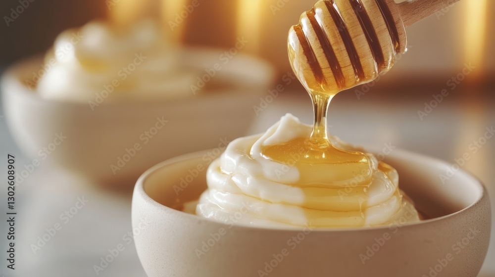 Honey slowly dripping onto yogurt, with a minimalist kitchen design in the background Honey slowly dripping onto yogurt, with a minimalist kitchen design in the background