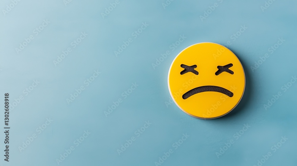 Fototapeta premium Minimalist Yellow Sad Emoji on Light Blue Background Reflecting Disappointment and Emotions
