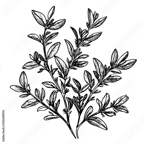 Engraved vector illustration of a detailed botanical branch with leaves and stems found in natural environments