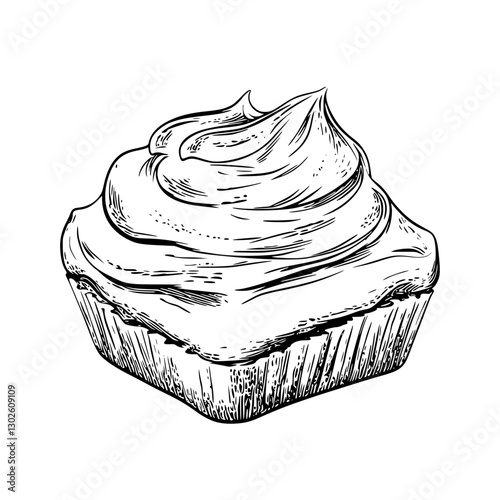Engraved illustration of a cupcake with swirled frosting in a detailed vector design showcasing a dessert delicacy