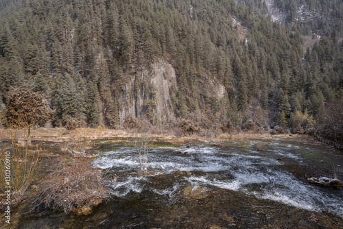 Obraz na płótnie Pearl Shoal Waterfall in winter season, is a waterfall located in Jiuzhaigou, Sichuan Province, China, steam, cascade w salonie