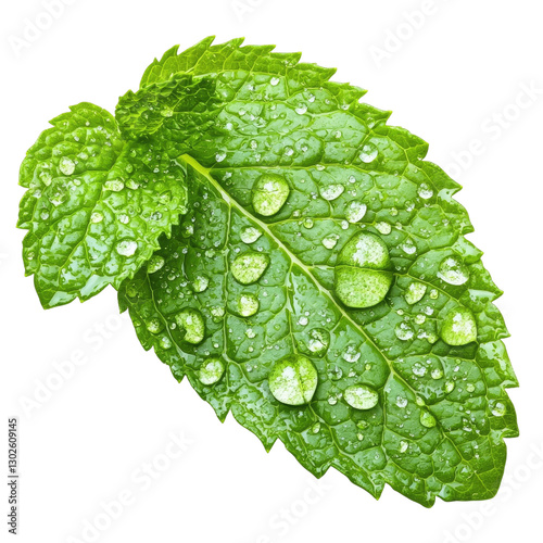 Lush Green Mint Leaf with Dew Drops Freshness Nature Botanical Close Up