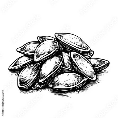 Engraved illustration of pumpkin seeds stacked on a surface highlighting texture and detail in black and white vector art