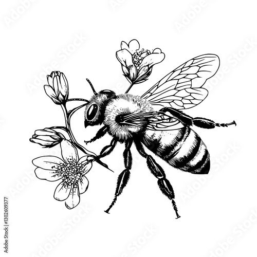 Engraved illustration of a bee gathering nectar from blossoms in a natural setting