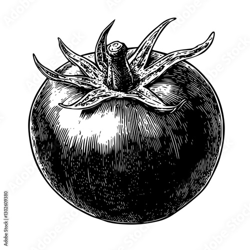 Engraved illustration showcasing a detailed vector of a ripe tomato with intricate texture and shading