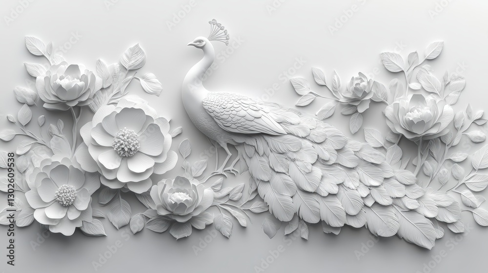 Fototapeta premium A detailed white relief sculpture featuring a peacock surrounded by elegant flowers, showcasing intricate textures and artistic craftsmanship.