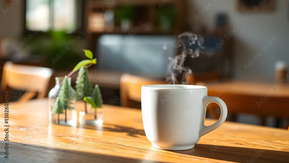Fototapeta premium a steaming cup of coffee sitting on a wooden table, with a small plant in the background. The scene evokes warmth and comfort, perfect for a relaxing moment