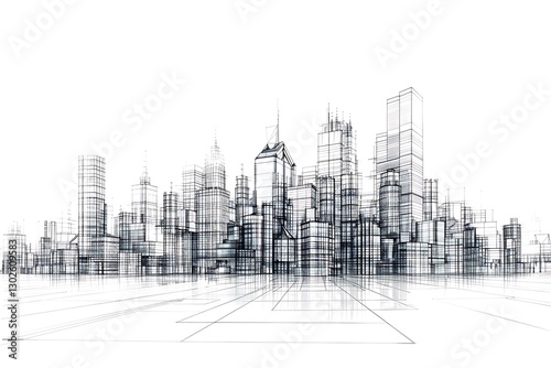 Urban Skyline Outline Design in Monochrome Style with Grid Lines