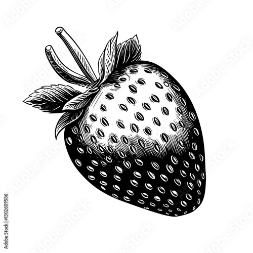 Engraved illustration of a strawberry showcasing detailed textures and shading in vector format