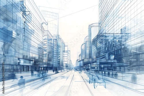 Urban Cityscape Sketch with Modern Architecture and Perspective Lines
