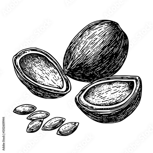 Engraved vector illustration of almond nuts and seeds presented in a detailed style