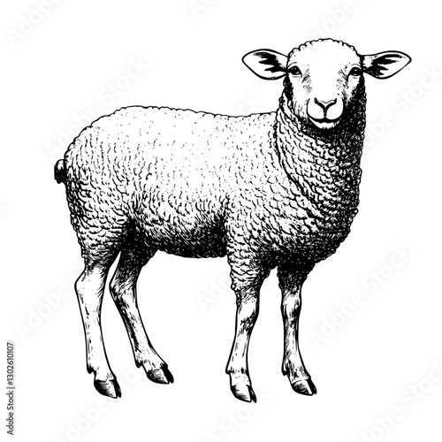 Detailed engraved illustration of a sheep standing in a field, showcasing its woolly texture and demeanor during daylight hours