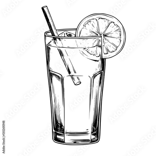 Engraved illustration of a refreshing drink with lemon and straw in a tall glass
