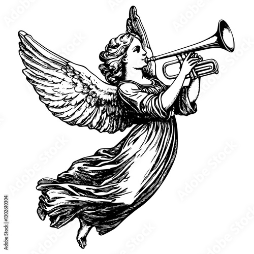 Engraved illustration of an angel playing the trumpet in mid-air with flowing robes and wings
