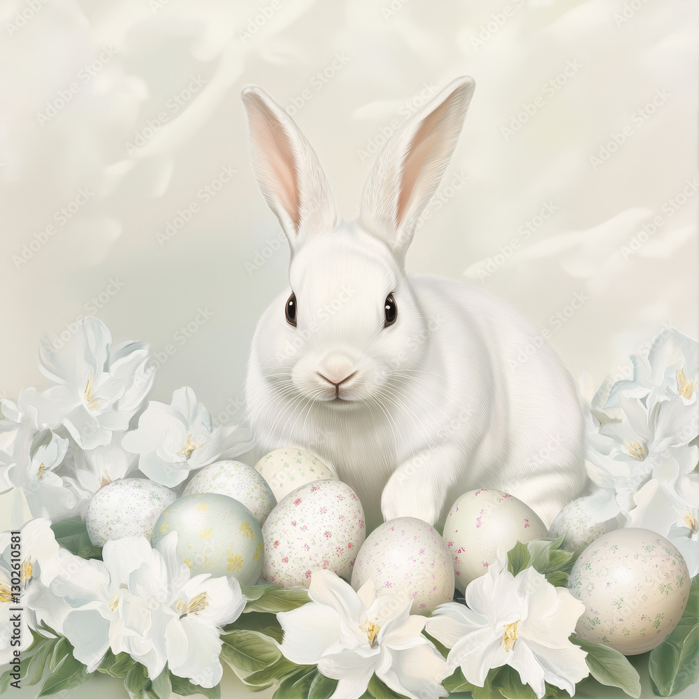 Obraz premium A white Easter bunny with eggs surrounded by white flowers
