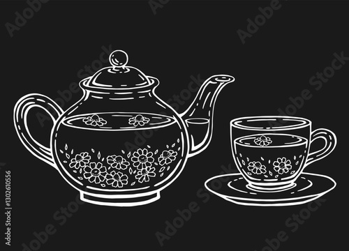 Tea set with healthy green tea, chamomile. Teapot and cup. Hand drawn vector illustration.