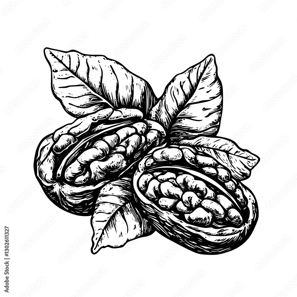 Fototapeta premium Engraved illustration of cocoa pods with leaves showcasing the rich texture and detail of the cacao plant