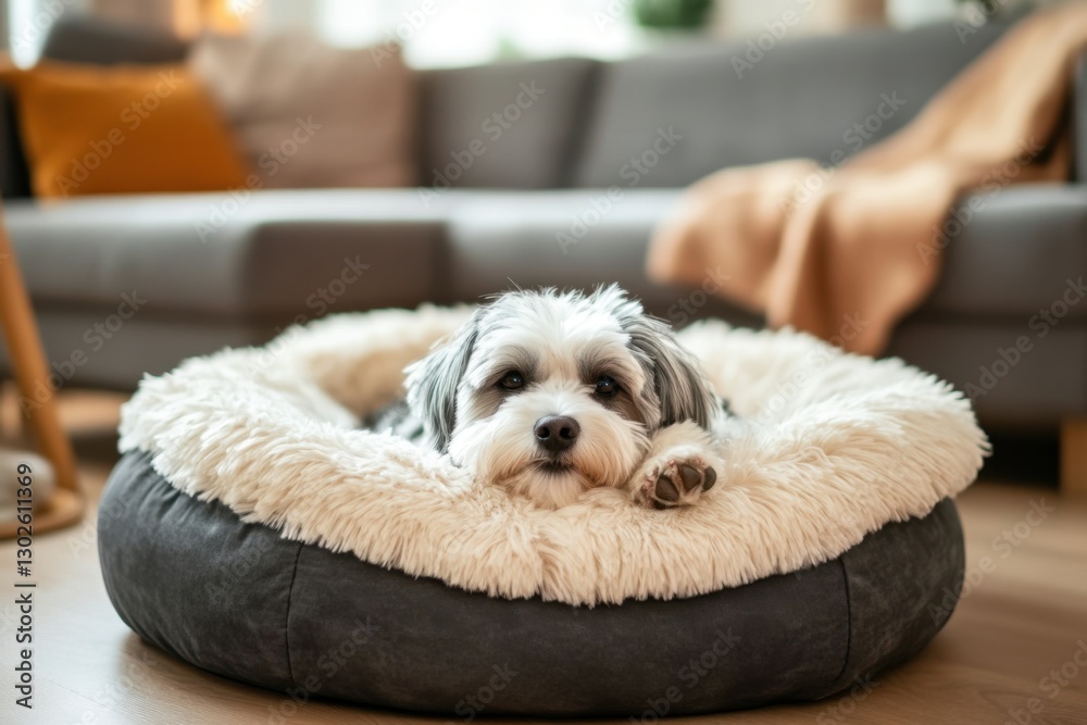 Cozy canine companion relaxing in its plush bed, eyes gleaming with content. Living room setting provides ultimate relaxation. Cozy canine companion relaxing in its plush bed, eyes gleaming with content. Living room setting provides ultimate relaxation.