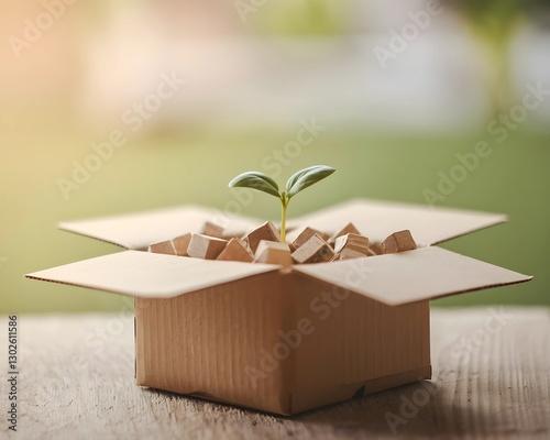 Sustainable Growth: Plant in Box of Packing Peanuts. Plant Growing from a Box. photo