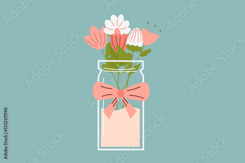 A Charming Vase Filled with Colorful flowers Adorned with a Beautiful Ribbon. Vector illustration. mother's day