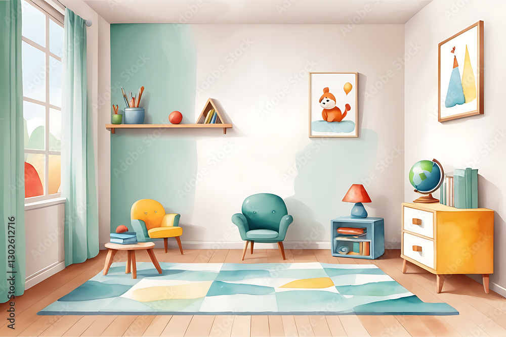 Obraz premium Playroom Interior Design with Colorful Furniture and Watercolor Style Art