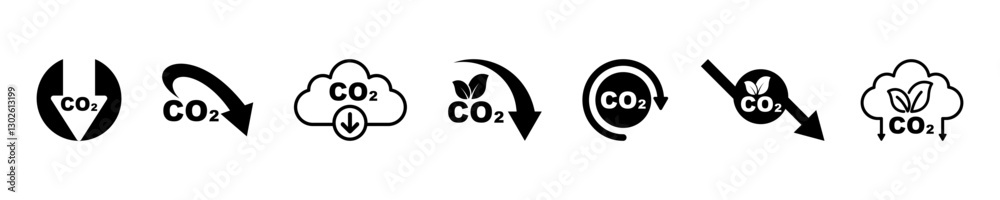 Set of co2 emission vector icons. Cloud with carbon dioxide. Reduce pollution air. Reduction exhaust or smoke. Set of co2 emission vector icons. Cloud with carbon dioxide. Reduce pollution air. Reduction exhaust or smoke.