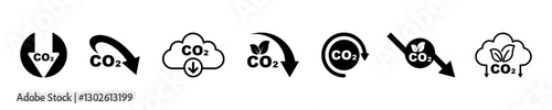 Set of co2 emission vector icons. Cloud with carbon dioxide. Reduce pollution air. Reduction exhaust or smoke.