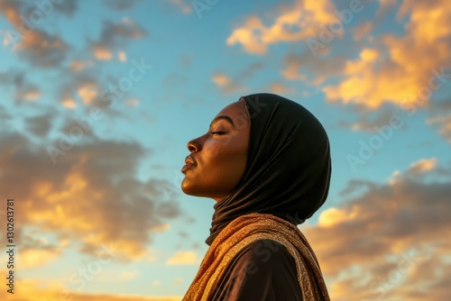 A Black Muslim woman praying, standing on the right side of the frame facing left, looking up at the sky with clouds in the background, in the golden hour light, photorealistic