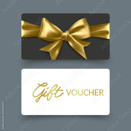 Golden voucher or gift card, gold certificate for discount. Set of isolated template for present coupon with ribbon and bow. Vector illustration