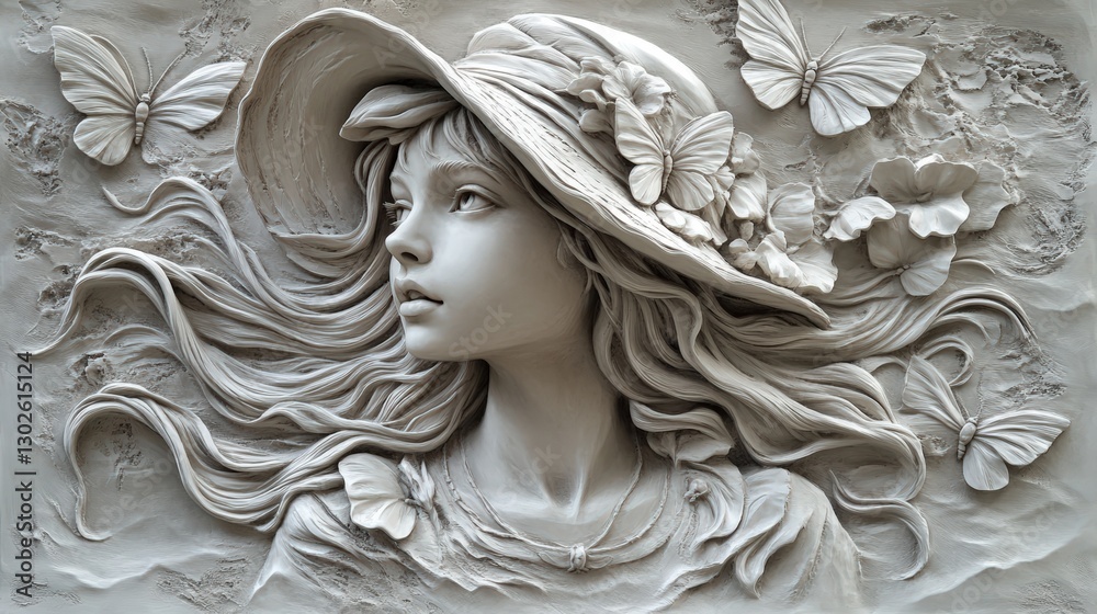 Naklejka premium A serene relief sculpture of a girl with flowing hair, wearing a wide-brimmed hat adorned with butterflies, exuding a sense of tranquility and natural beauty.